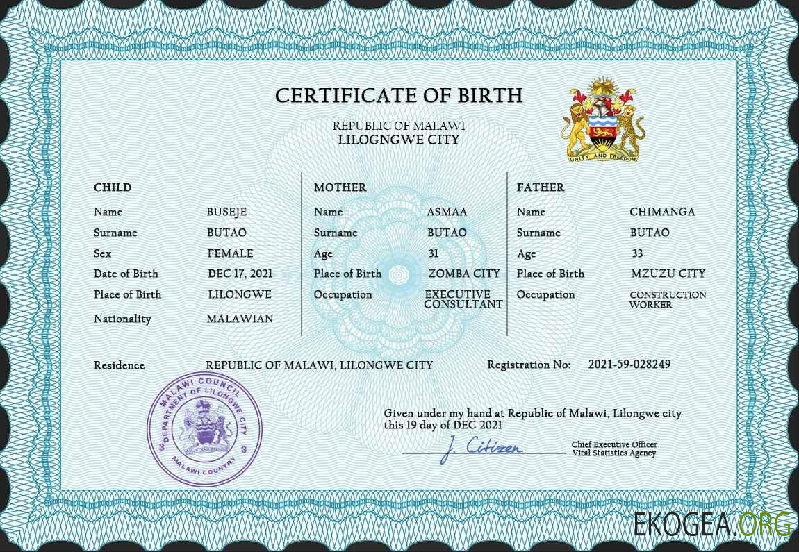 Modèle PSD de certificat de naissance de l'état civil du Malawi